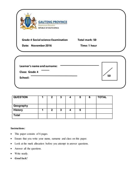 Geography Grade 4 Exam
