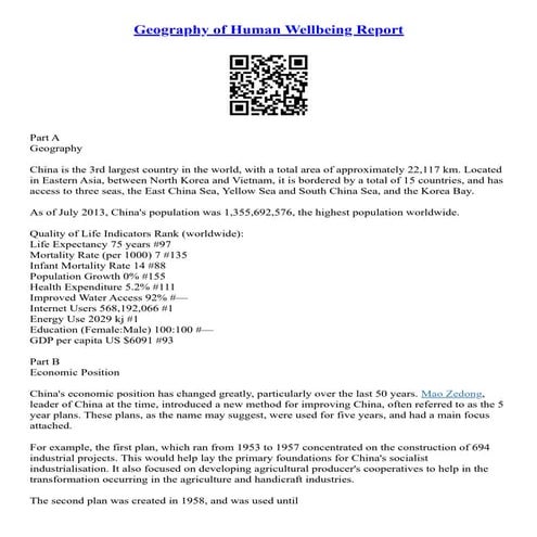 Geography Of Human Wellbeing Report