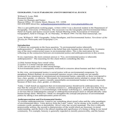 Geography, value paradigms and environmental justice   lynn