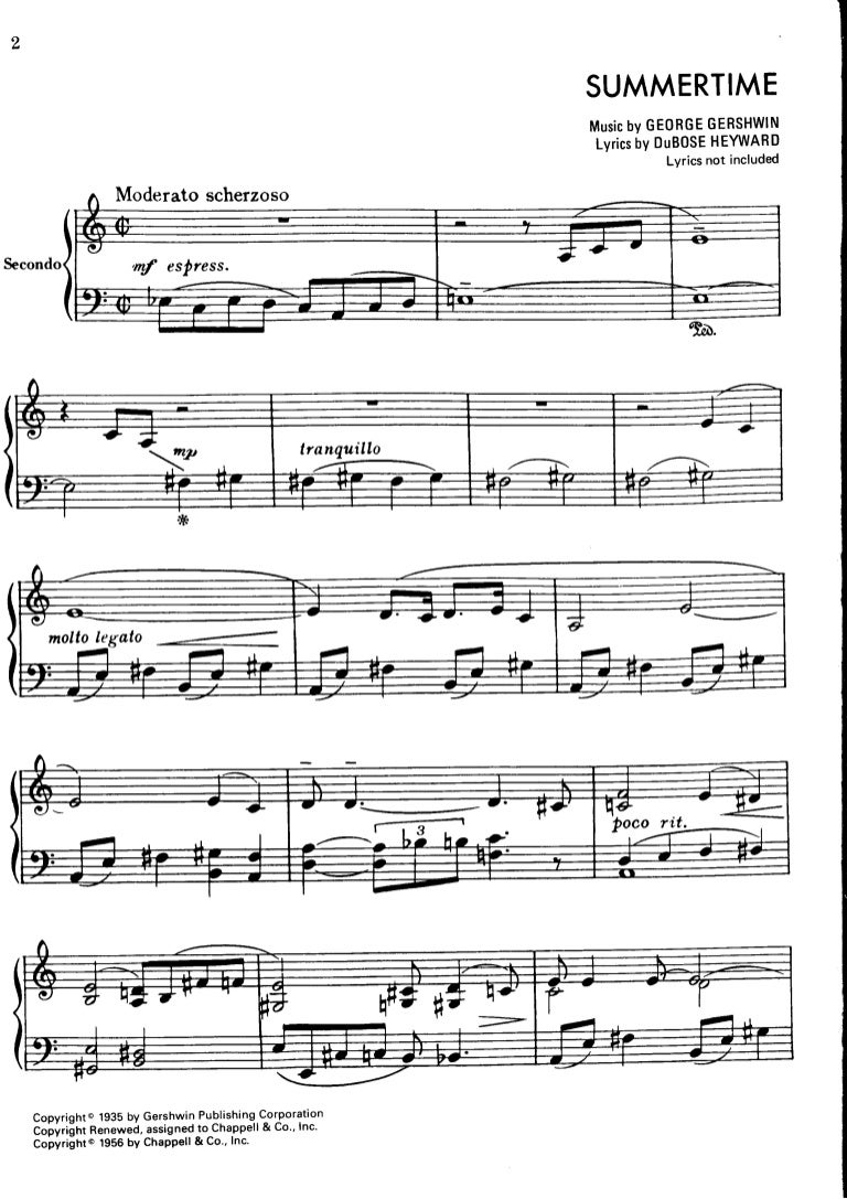 Gershwin Summertime For Piano 4 Hands Arr Portnoff 1