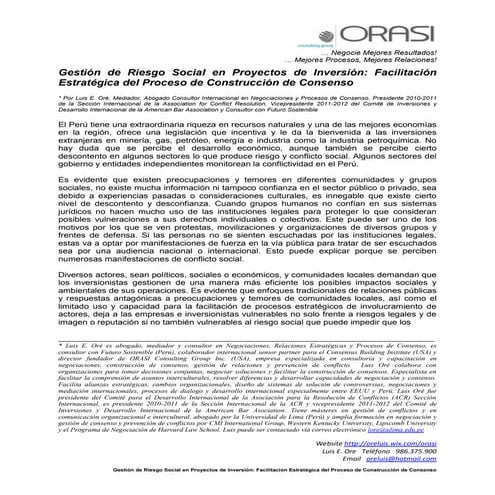 Gestión de Riesgo Social en Proyectos de Inversión: Facilitación Estratégica ...