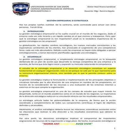 Gestion empresarial o estrategica