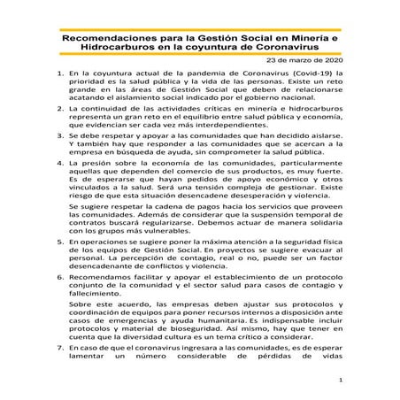 Gestion social mineria y coronavirus marzo 2020 recomendaciones 