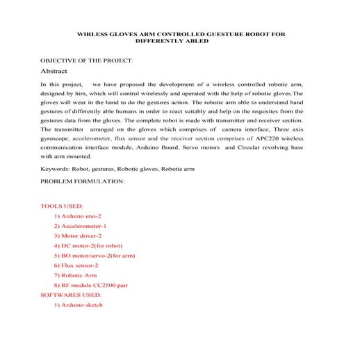 Gesture controlled robot with arm for phyically handicapped peoples