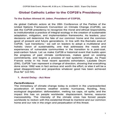 Global Catholic Letter to the COP28 Presidency