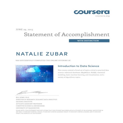 Introduction to Data Science. Statement of Accomplishment