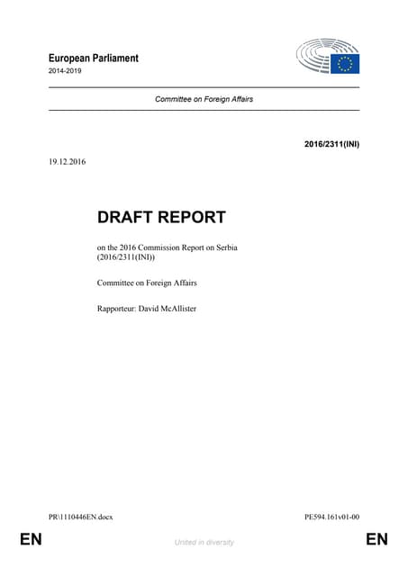 NACRT Izveštaja za Srbiju u EP David McAllister