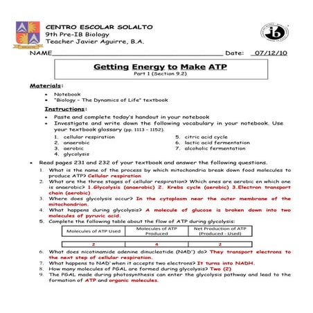 Getting energy to make atp   part 1 (pp.231-226) answer key
