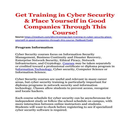 Get training in cyber security &amp; place yourself in good companies through this course