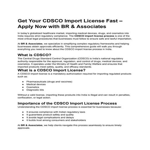 Get Your CDSCO Import License Fast - BR & Associates | PDF