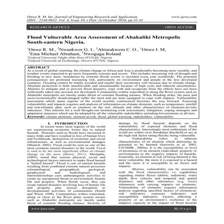 Flood Vulnerable Area Assessment of Abakaliki Metropolis South-eastern Nigeria.