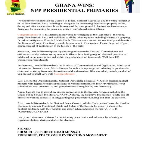 GHANA WINS- PEACEFUL NPP PRESIDENTIAL PRIMARIES- SIR SUCCESS PRINCE DUAH MENSAH.pdf