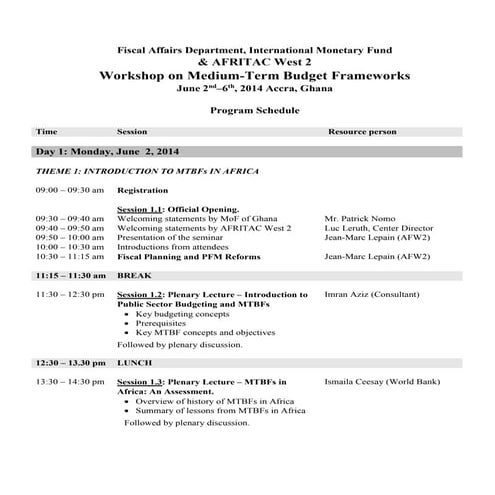 Program Medium-Term Budget Frameworks Workshop