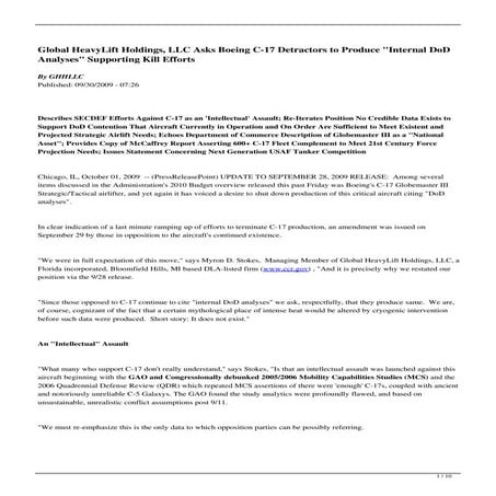 Global HeavyLift Holdings, LLC Asks Boeing C-17 Detractors to Produce "Intern...