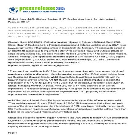 Global HeavyLift States C-17 Production Must be Maintained: To Seek FAA BC-17...