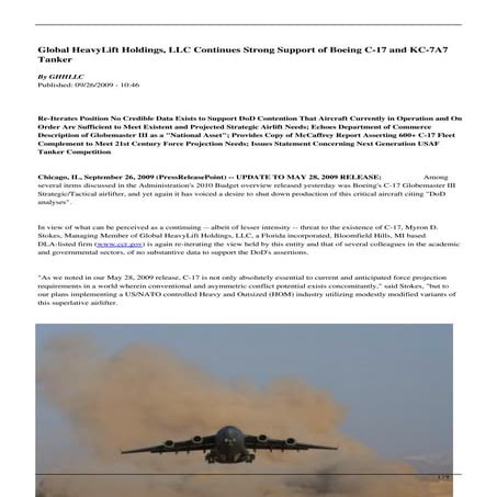 Global HeavyLift Holdings, LLC Continues Strong Support of Boeing C-17 and KC...