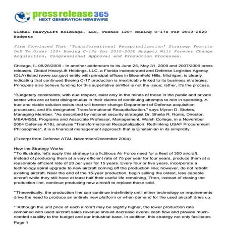 Global HeavyLift Holdings, LLC, Pushes 120+ Boeing C-17s For 2010-2020 Budgets