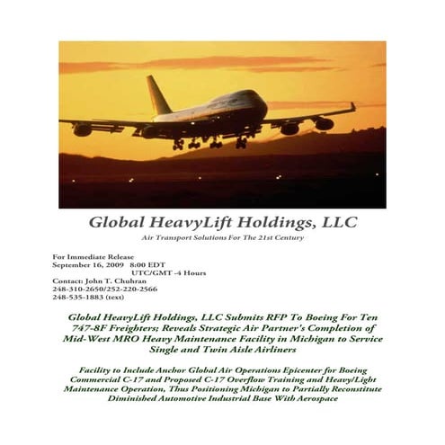 Global HeavyLift Holdings, LLC Submits RFP To Boeing For Ten 747-8F Freighters