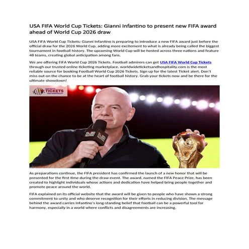 USA FIFA World Cup Tickets: Gianni Infantino to present new FIFA award ahead of World Cup 2026 draw