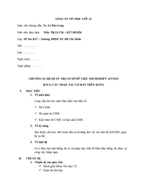 Giao an - Tin hoc 12 - Bai 5: Cac thao tac co ban tren bang
