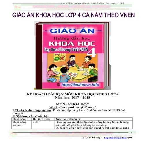 Giáo án Môn Khoa học  Lớp 4 Cả năm VNEN - 4th Grade Science Lesson Plans