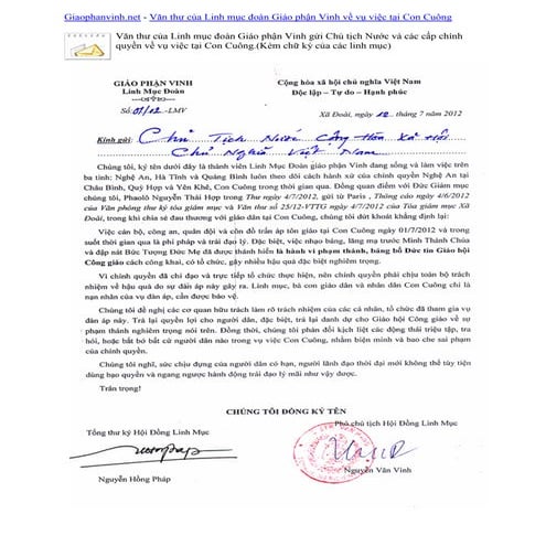Văn thư của Linh mục đoàn Giáo phận Vinh về vụ việc tại Con Cuông