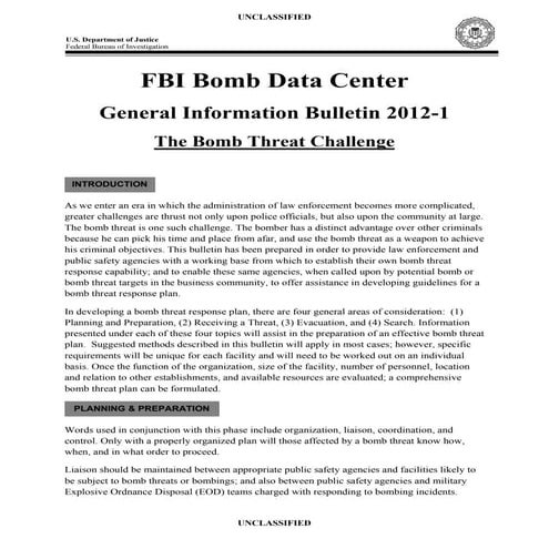 FBI Bomb Data Center General Information Bulletin 2012-1: The Bomb Threat Cha...