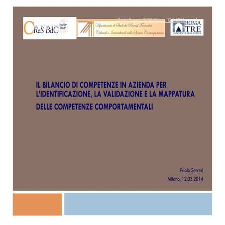 IL BILANCIO DI COMPETENZE IN AZIENDA PER L’IDENTIFICAZIONE, LA VALIDAZIONE E ...