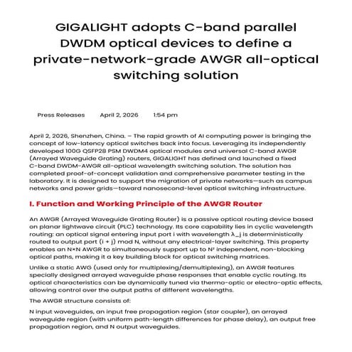 GIGALIGHT's C-Band DWDM-AWGR Optical Switching Solution for Private ...