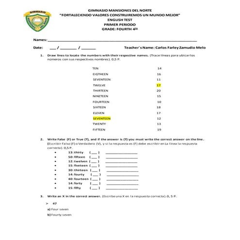 examen de ingles - cuarto grado | DOCX