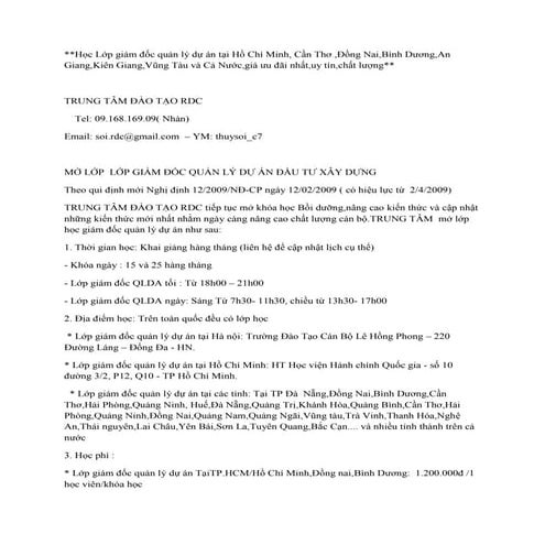 LỚP GIÁM ĐỐC QUẢN LÝ DỰ ÁN TẠI TPHCM,KIÊN GIANG,CẦN THƠ