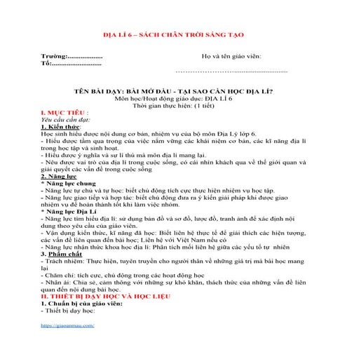 Giáo án Địa lí 6 - Sách chân trời sáng tạo - Chương trình cả năm