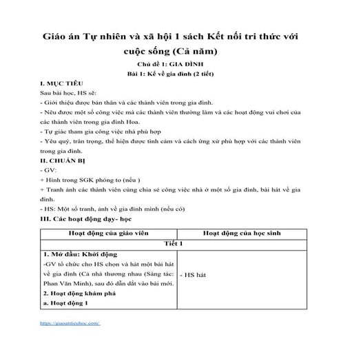 Giáo án Tự nhiên và Xã hội Lớp 1 (Kết nối tri thức) - Chương trình cả năm đầy đủ