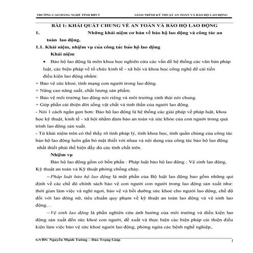 Giáo trình kỹ thuật an toàn và bảo hộ lao động