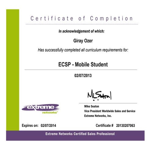 Giray Özer Extreme Networks ECSP mobile student certificate