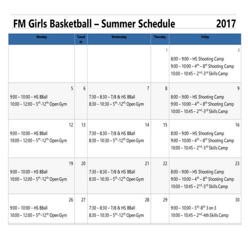 FM Girls BBall Summer Schedule - June