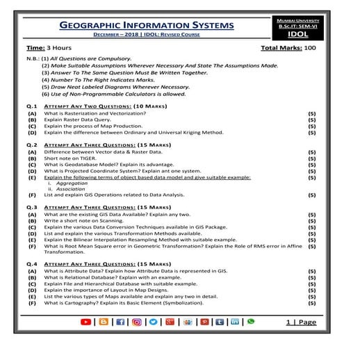 Geographic Information Systems (December - 2018) [IDOL - Revised Course]
