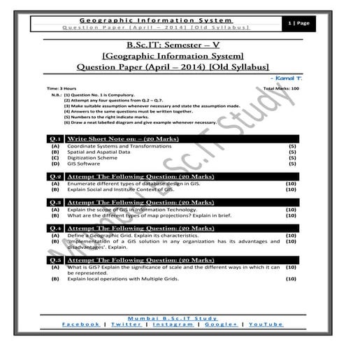 [Question Paper] Geographic Information System (Old Syllabus) [April / 2014]
