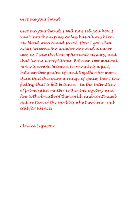 Give Me Your Hand   Clarice Lispector