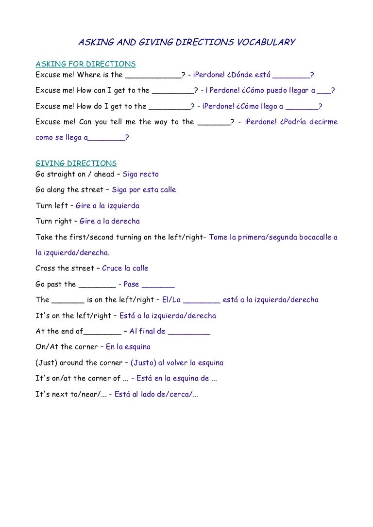 giving directions vocabulary