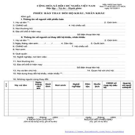 Giấy báo thay đổi hộ khẩu, nhân khẩu