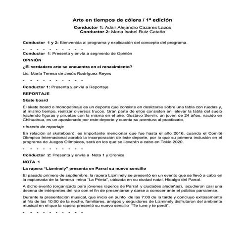 Arte en tiempos de cólera – 1ª edición – Guion Literario  