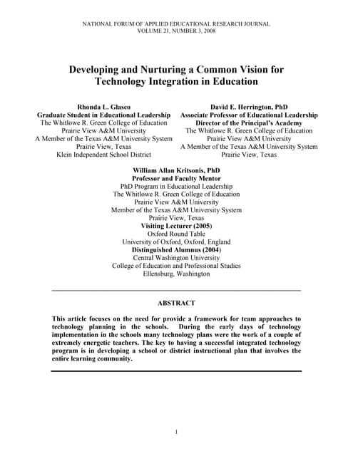 Glasco, rhonda developing and nurturing a common vision for technology integr...