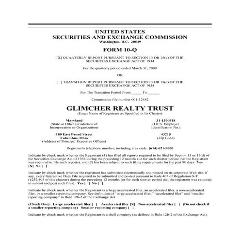 Q1 2009 Earning Report of Glimcher Realty Trust