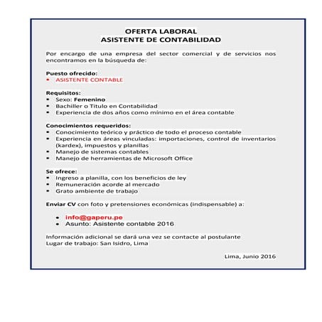 OFERTA LABORAL - Asistente de Contabilidad