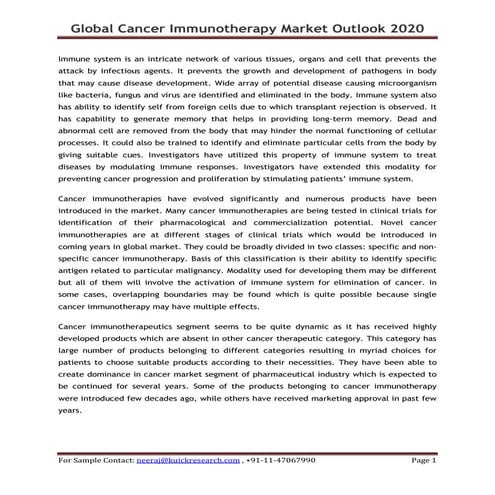 Global cancer immunotherapy market outlook 2020