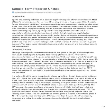 Globalcompose.com sample term paper on cricket
