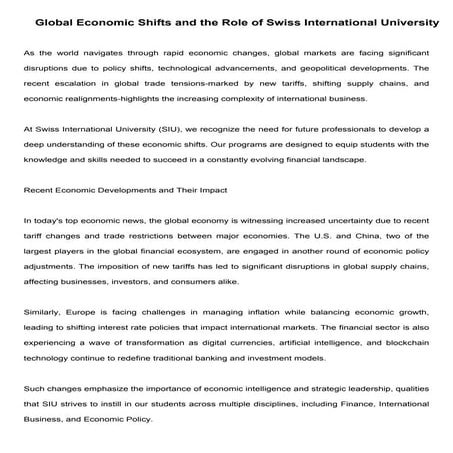 Global Economic Shifts and the Role of Swiss International University in Preparing Future Leaders