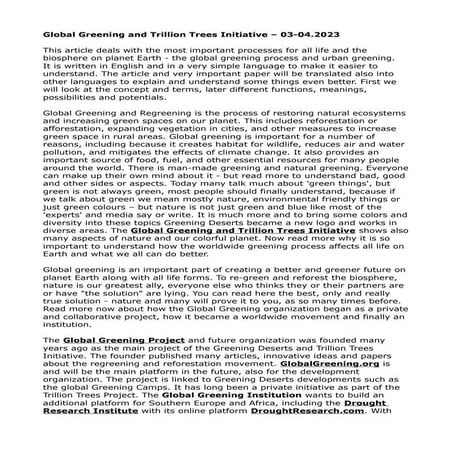 Global Greening and Trillion Trees Initiative for better reforestation and re...