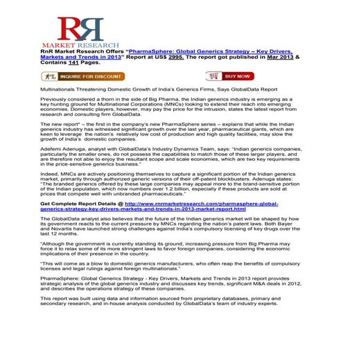Global PharmaSphere Generics Strategy Key Drivers, Markets and Trends in 2013